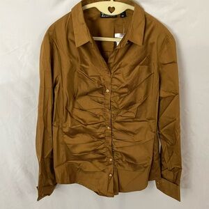New York & Co: Gold Ruched Button-Down Top- L